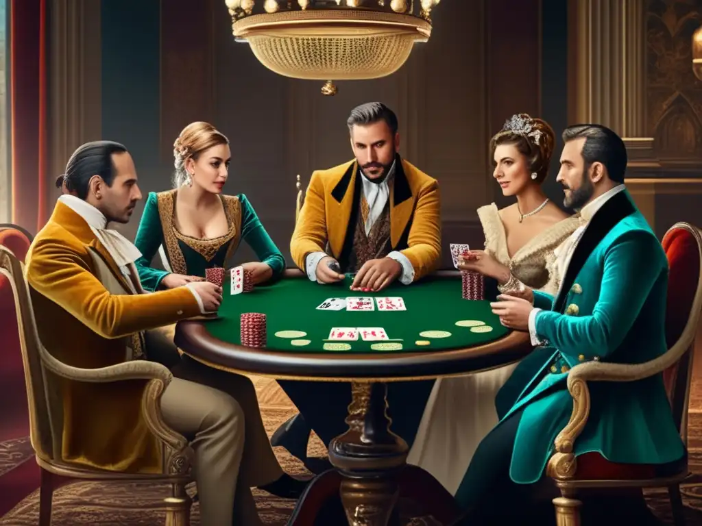Un retrato vintage de nobles europeos jugando cartas, reflejando el origen histórico del póker en Europa.