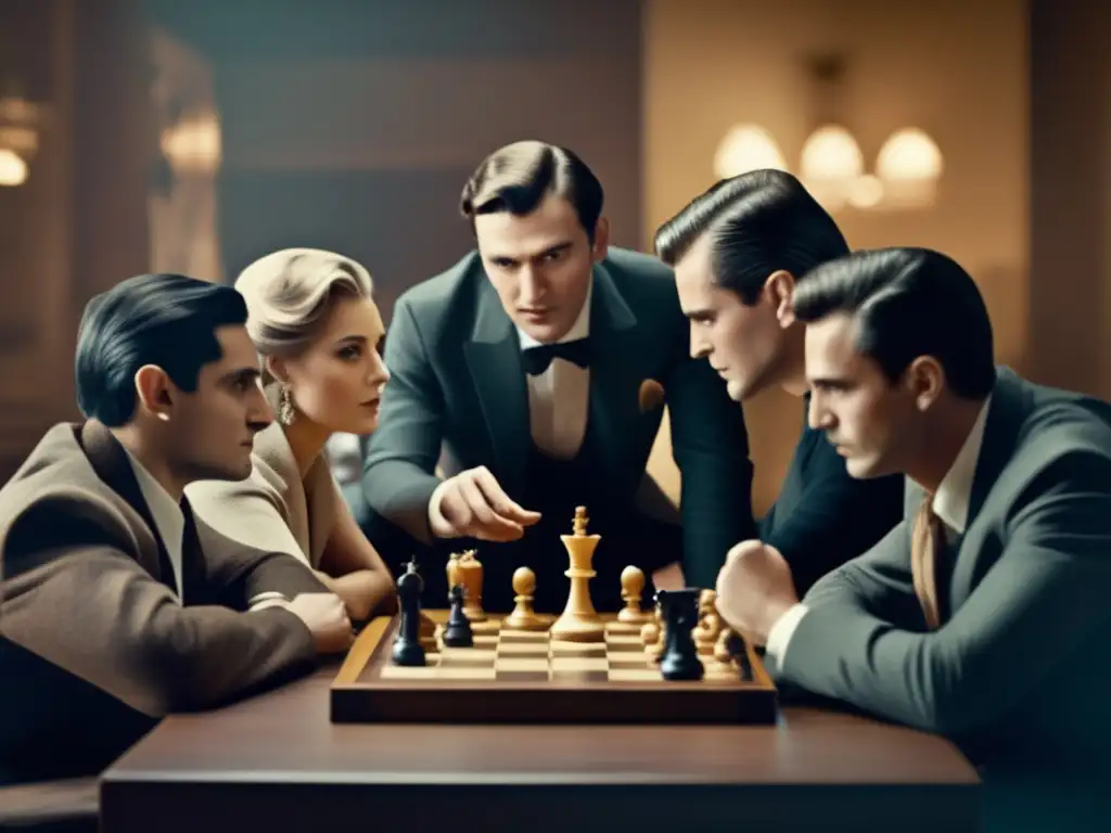 Un retrato vintage de personas frente a un tablero de ajedrez, con expresiones intensas. <b>Refleja la interacción HumanoIA en la evolución de juegos.