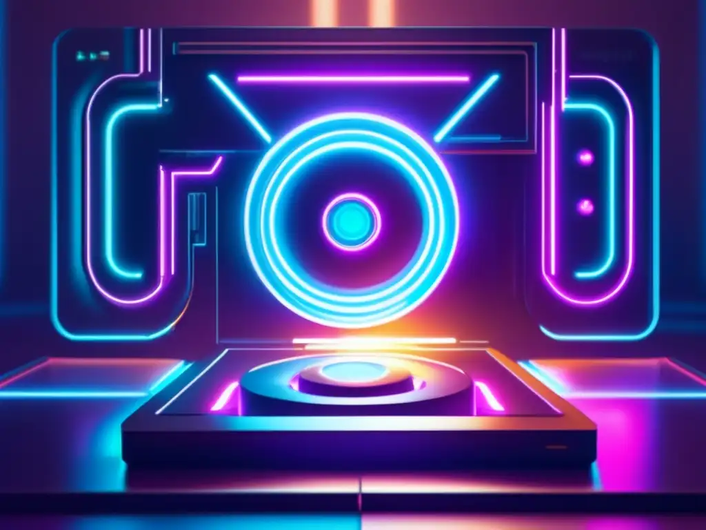 Un rompecabezas futurista con influencia de Portal en videojuegos, rodeado de tecnología retrofuturista y luces de neón brillantes.