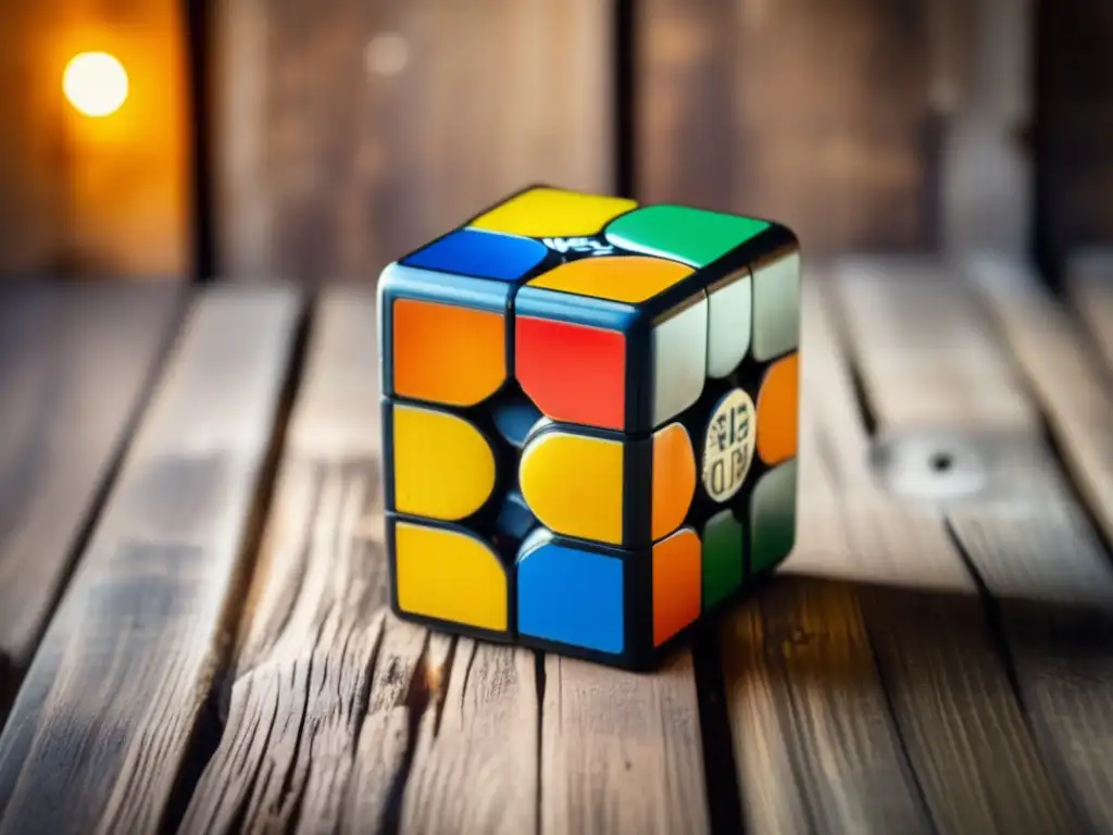 Un Rubik's Cube vintage desgastado descansa sobre madera, iluminado con calidez, capturando el impacto cultural del puzzle de Rubik.