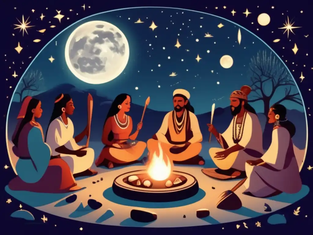 Un sabio oráculo de una antigua cultura realiza juegos de adivinación bajo la luz de la luna y las estrellas.