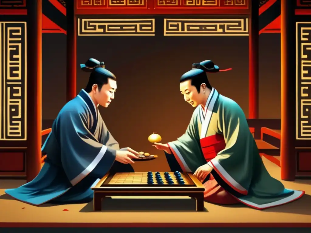 Dos sabios juegan Weiqi en un estudio chino tradicional, con intensa concentración y estrategia. Sus rostros y el tablero detallado evocan la filosofía y estrategia del Weiqi.