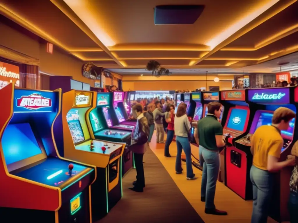 Una fotografía vintage de una sala de juegos con gente disfrutando de juegos arcade. <b>Refleja el impacto cultural de los esports en sus inicios.
