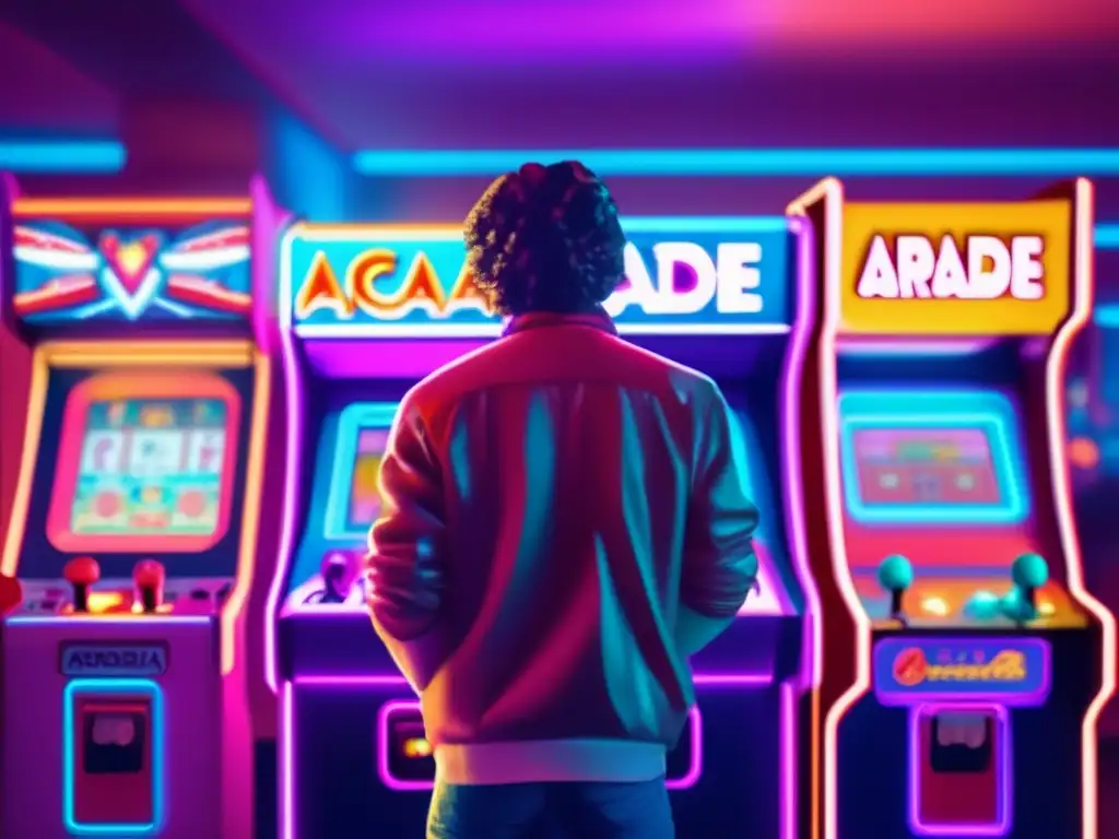 En una sala de juegos de los 80, una persona se sumerge en la acción de las máquinas, con un puñado de monedas. La atmósfera rebosa emoción y nostalgia, captando la esencia de la industria del gaming y el impacto económico de las microtransacciones en los videojuegos.