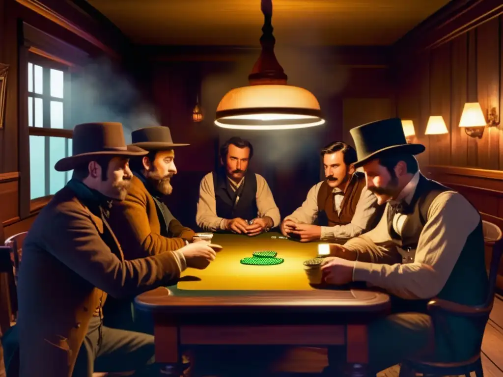 Un salón ahumado del siglo XIX, hombres juegan póker. <b>Lámparas de aceite iluminan el ambiente tenso.</b> <b>Origen histórico del póker en Europa.