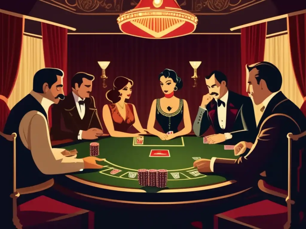 Un salón ahumado y tenue iluminado, con personajes intensos en una mesa de póker. Detalles vintage evocan la psicología del póker en personajes.