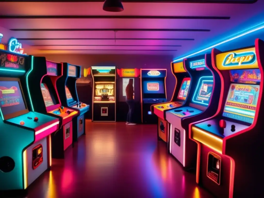 Un salón de arcade vintage iluminado por luces de neón, donde jóvenes juegan videojuegos, captura el impacto cultural de los videojuegos.