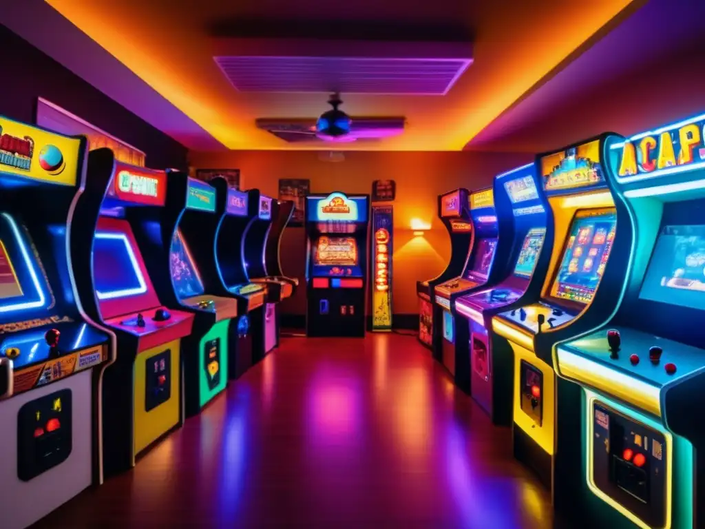 Un salón de arcade vintage con luces de neón tenues iluminando máquinas clásicas. Los jugadores compiten por el récord en PacMan, reflejando el impacto cultural de los videojuegos en un ambiente nostálgico y lleno de camaradería.