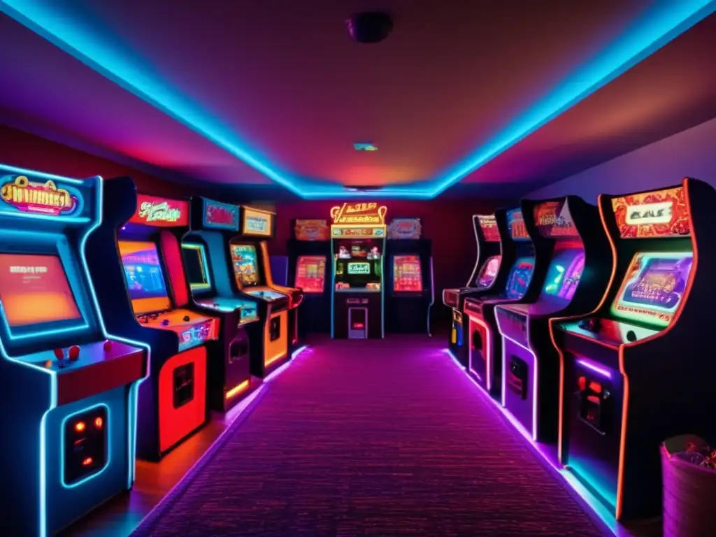 Un salón de arcade vintage con luces de neón tenues, alfombra de pelo largo y filas de gabinetes clásicos. <b>Los gamers se reúnen en torno a las máquinas, reflejando la emoción y la intensidad de los juegos.</b> El sonido de botones, joysticks y melod