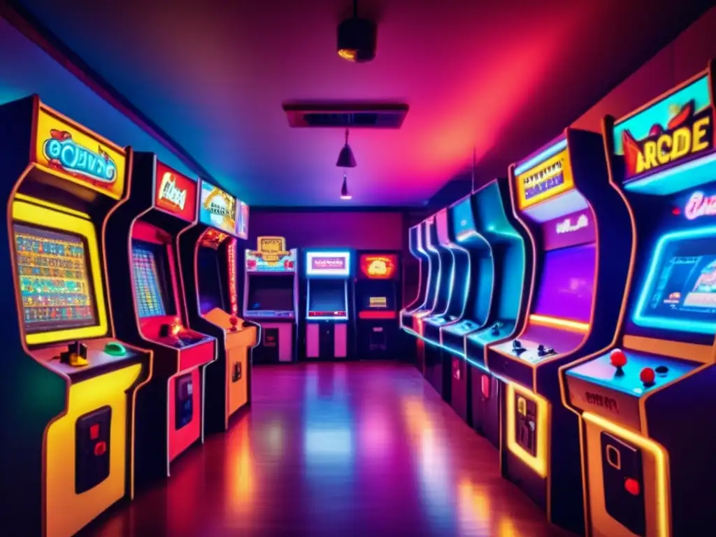 Un salón de arcade vintage con máquinas clásicas iluminadas por luces tenues. <b>Jugadores disfrutan de controles y pantallas pixeladas, evocando la evolución controles juegos impacto cultural.