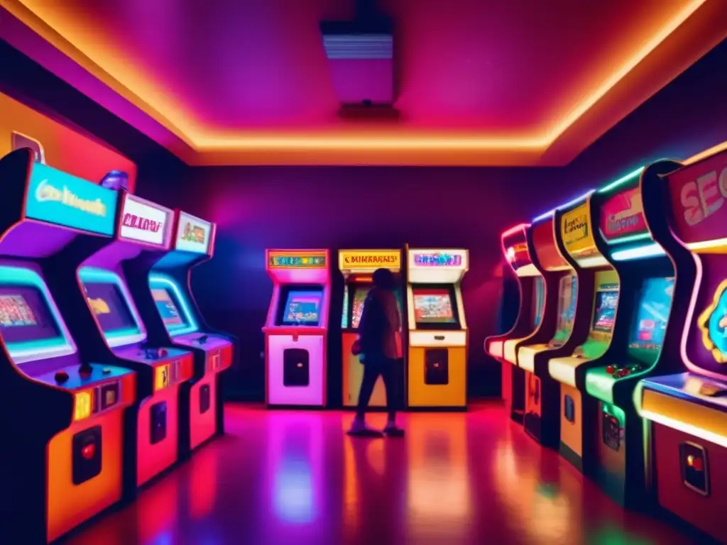 Un salón de arcade vintage, con máquinas retro y luces de neón, gente disfrutando. <b>Nostálgico y vibrante.</b> <b>Impacto cultural de los videojuegos.