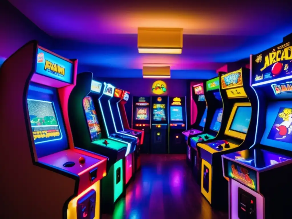 Un salón de arcade vintage rebosante de diversión y nostalgia, reflejando el impacto cultural de los videojuegos.
