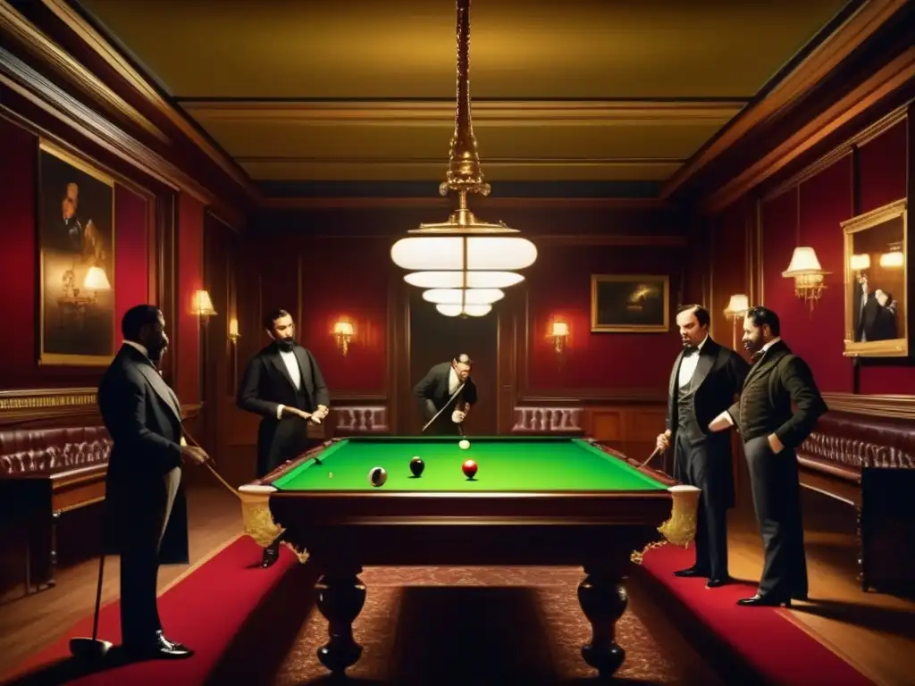 Un salón de billar del siglo XIX ricamente decorado con hombres elegantes jugando, reflejando el papel del billar en la pintura.