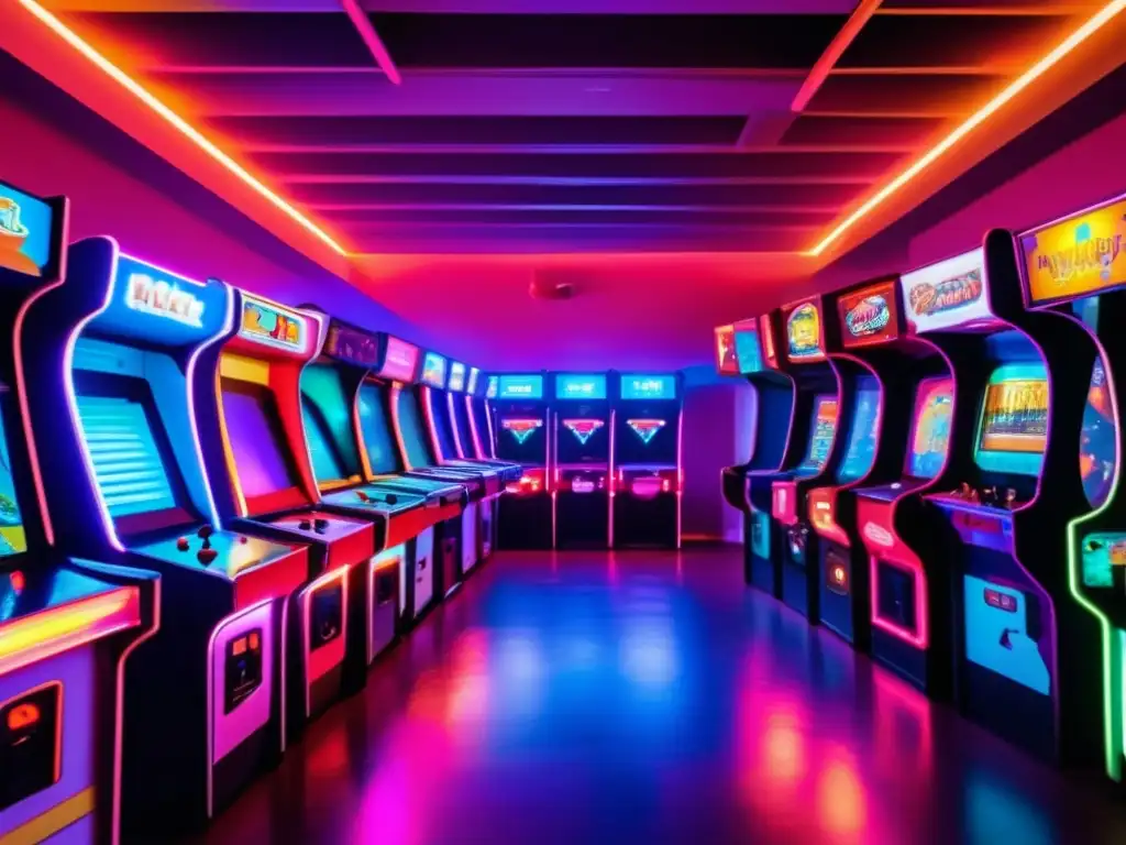 Un salón de juegos vintage con coloridos gabinetes de arcade, música clásica y luces de neón, capturando el impacto cultural de los videojuegos.