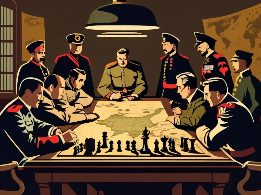 Un salón de guerra vintage con estrategas militares concentrados en simulaciones históricas juegos guerra Asia, iluminado por lámparas antiguas.