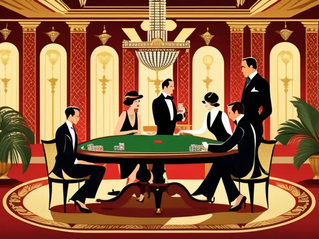 Un salón lujoso de la década de 1920, donde elegantes personas juegan bridge. <b>Refleja la historia social del bridge y poker.