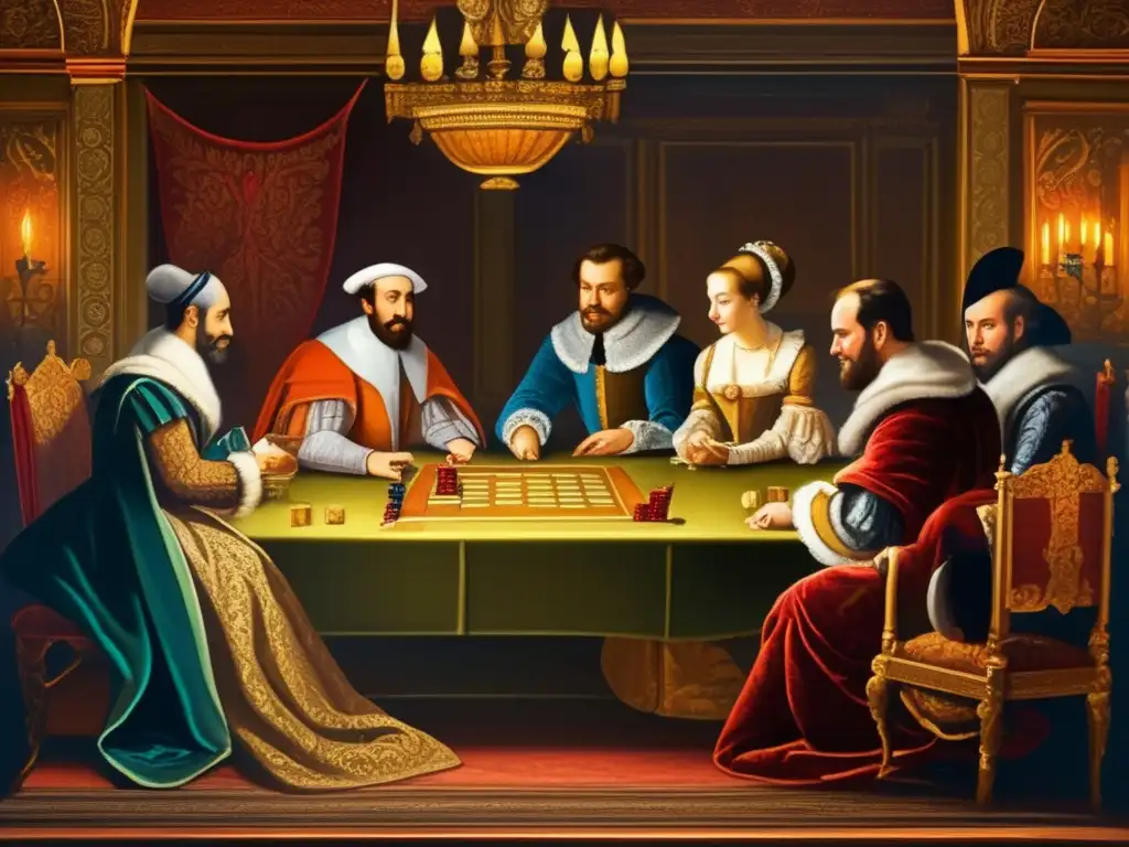 Un salón renacentista rebosante de nobleza, con juegos de mesa y detalles ornamentados, iluminado por cálidas velas. <b>Innovación en juegos de mesa.