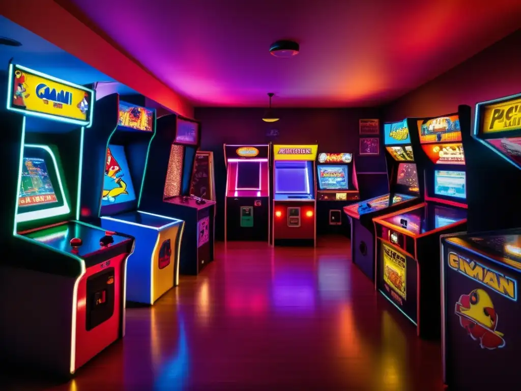Sala de juegos retro: diversión y camaradería Un salón de juegos vintage repleto de clásicos como PacMan, Street Fighter y air hockey. <b>Iluminado por luces de neón, con amigos disfrutando de la competencia.</b> Evoca la nostalgia y la diversión de los juegos multijugador, con potencial para juegos multijugador realidad virtual.