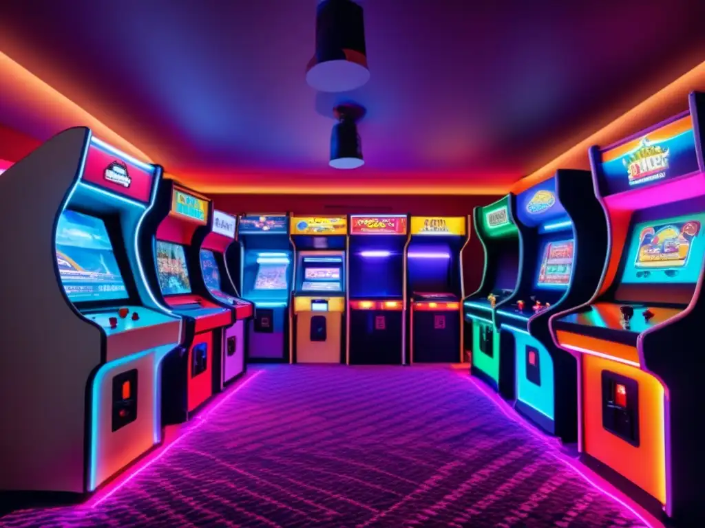 Un salón de juegos vintage con tecnología de nube, máquinas retro y una animada atmósfera cultural de gaming.