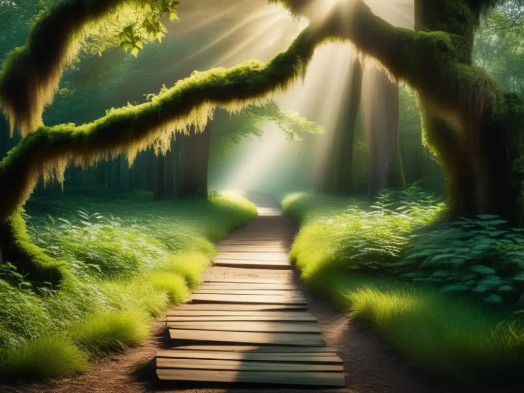 Un sendero en un bosque exuberante se divide en dos direcciones, una envuelta en misterio y la otra bañada por el sol, con un letrero que dice 