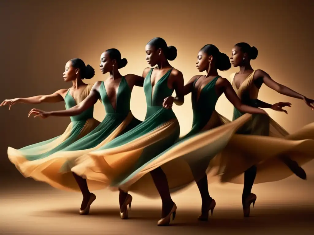 Simbiosis entre danza y juegos: Fotografía vintage de bailarines entrelazados en un elegante movimiento, con trajes nostálgicos y atmósfera artística.