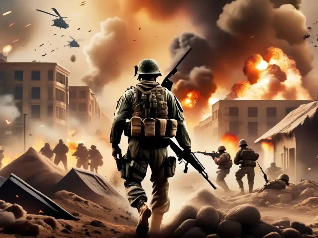 Un soldado en uniforme militar crouched detrás de sandbags, mirando un campo de batalla caótico en una representación de la historia militar contemporánea en Call of Duty.