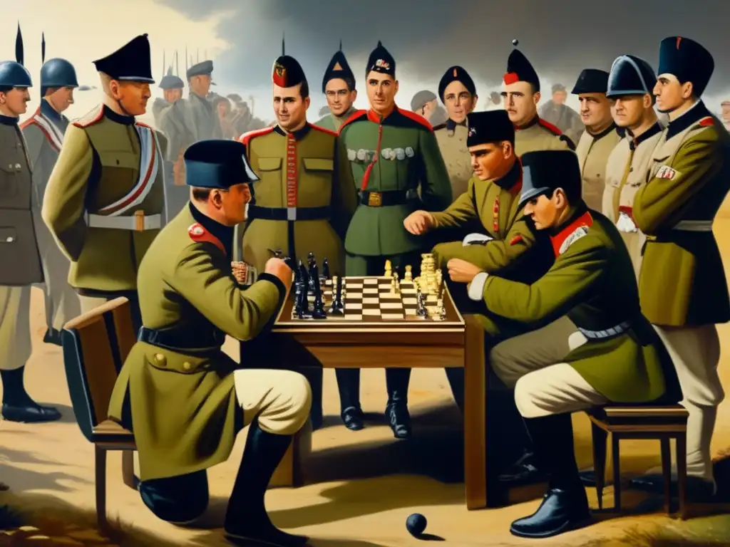 Soldados en un campamento militar, concentrados en una partida de ajedrez. <b>La escena transmite tensión y estrategia en una pintura vintage.