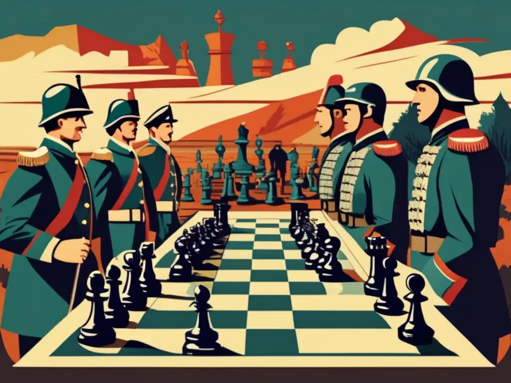 Soldados en un campo de batalla usando piezas de ajedrez como armas, reflejando el impacto cultural del ajedrez en la guerra.
