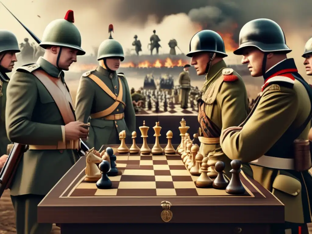 Soldados estrategizando en un campo de batalla con un tablero de ajedrez, mostrando el impacto cultural del ajedrez en la guerra.