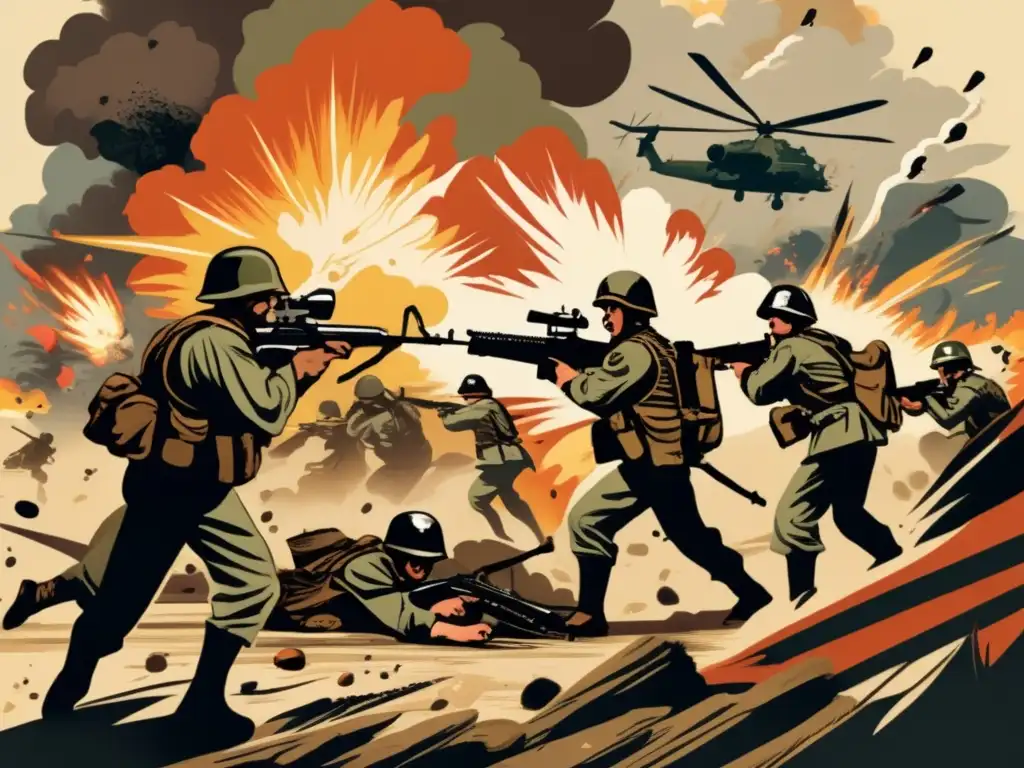 Soldados en combate, ilustración vintage intensa que refleja la historia militar contemporánea en Call of Duty, con explosiones y caos.
