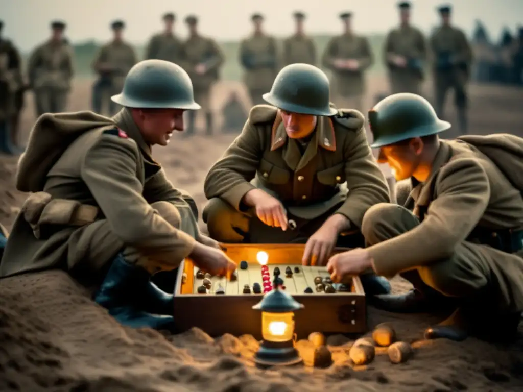 Soldados en la guerra juegan a un juego de mesa en una trinchera iluminada por una linterna, reflejando camaradería y tensión. <b>Juegos de mesa en tiempos de guerra.