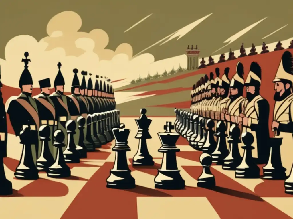 Soldados libran una intensa batalla con piezas de ajedrez en un campo de guerra, representando el impacto cultural del ajedrez en la guerra.