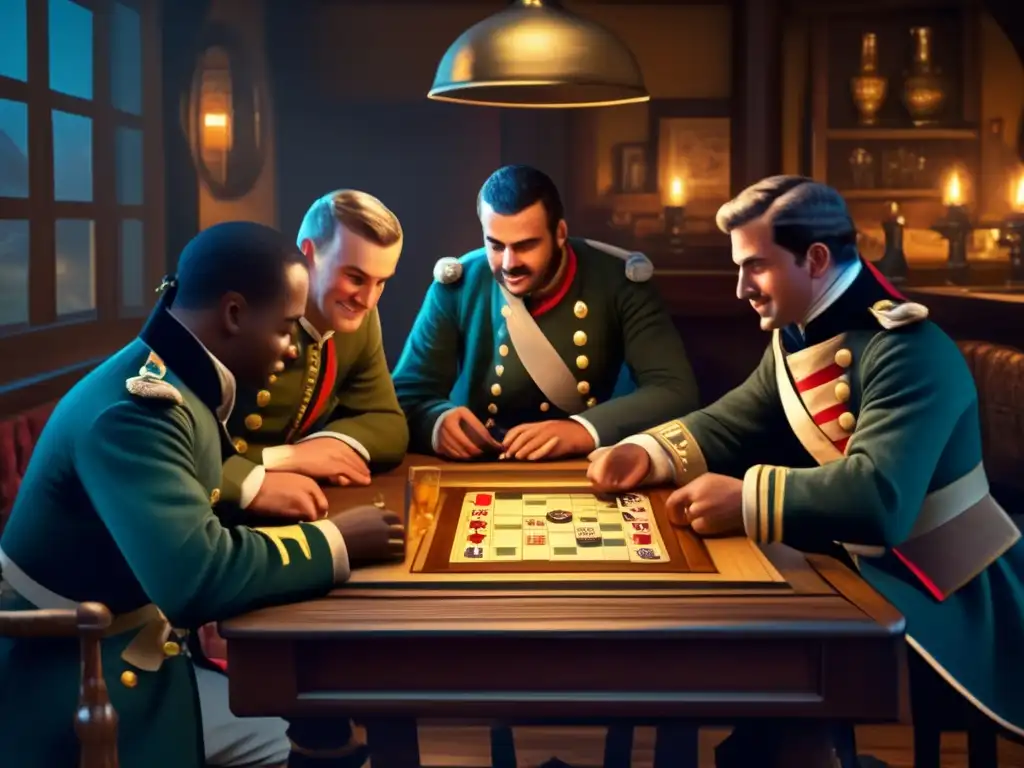 Soldados disfrutan de un juego de mesa militar en una taberna del siglo XVIII, con simbología militar y ambiente de la época.