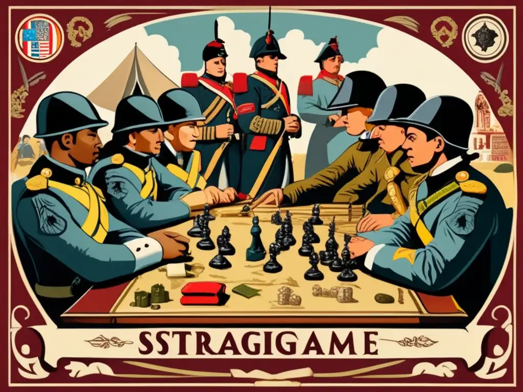 Soldados estrategizando en juego de mesa con simbología militar del siglo XVIII.