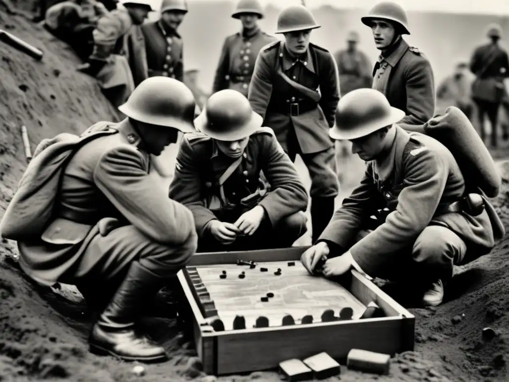 Soldados juegan un juego de mesa en la trinchera, escapando de la guerra. <b>Detalles claros evocan camaradería.</b> <b>Juegos de mesa en tiempos de guerra.