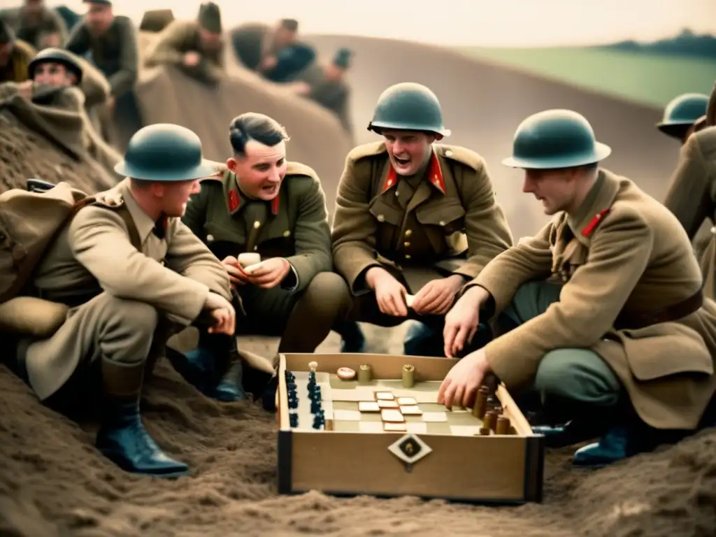 Soldados juegan a juegos de mesa en tiempos de guerra en una trinchera iluminada por una lámpara tenue.