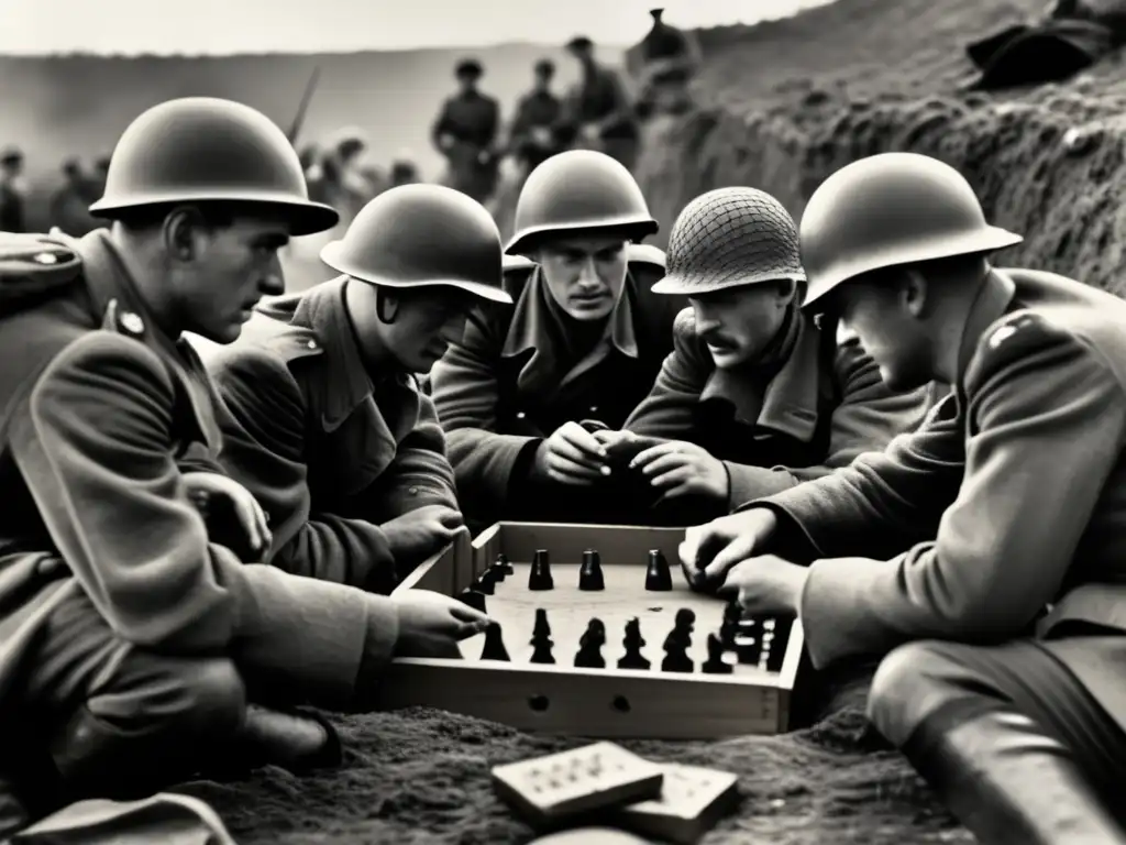 Soldados juegan a juegos de mesa en una trinchera de la Segunda Guerra Mundial, reflejando la función de los juegos de mesa en ese contexto histórico.