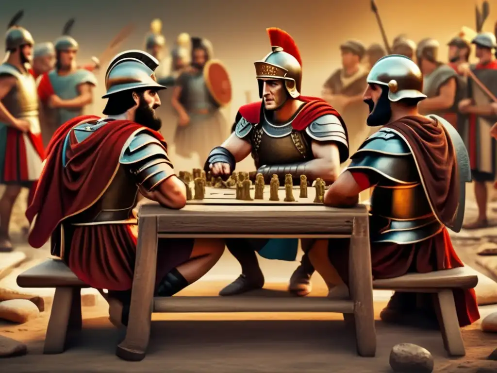 Soldados romanos juegan estrategia militar Ludus Latrunculorum en un campamento romano.