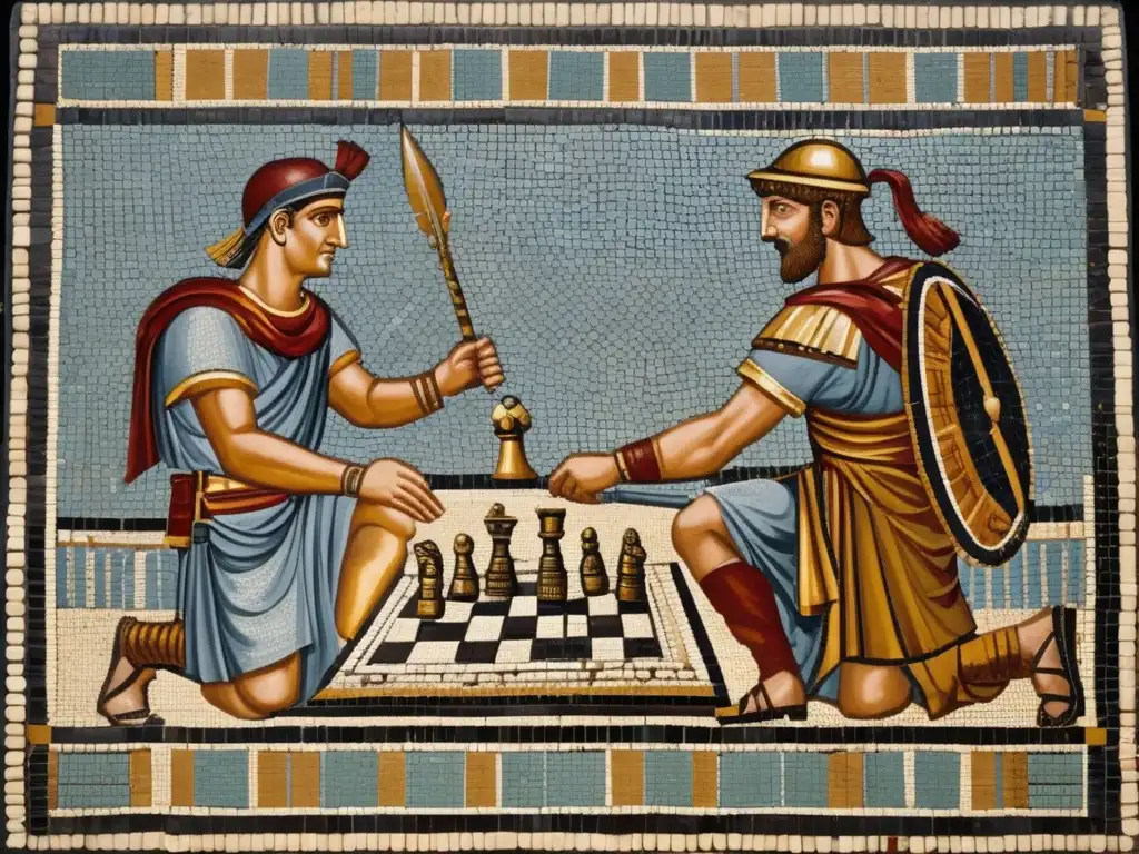 Dos soldados romanos juegan al Ludus Latrunculorum en un mosaico antiguo, mostrando la estrategia militar en un campamento romano.