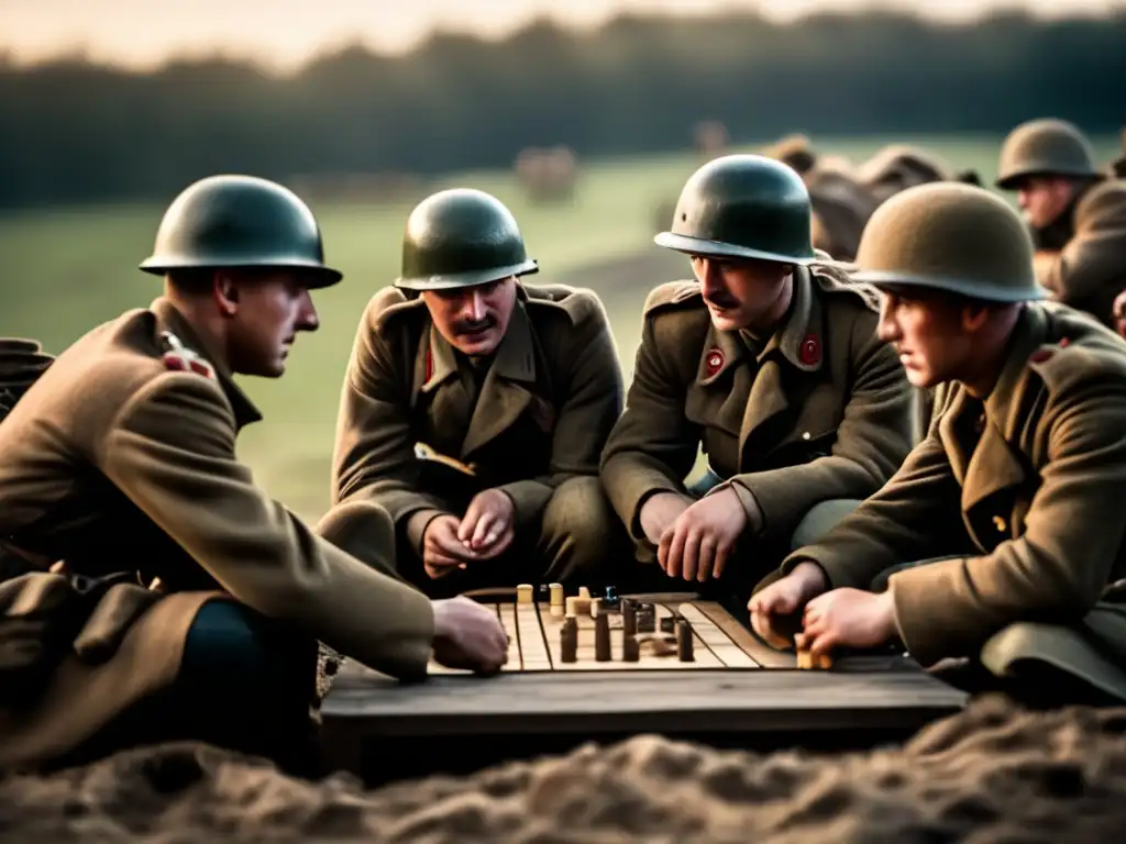 Soldados en trincheras juegan un juego de mesa, concentrados y en camaradería. <b>La luz tenue realza la escena.</b> <b>Juegos de mesa en tiempos de guerra.