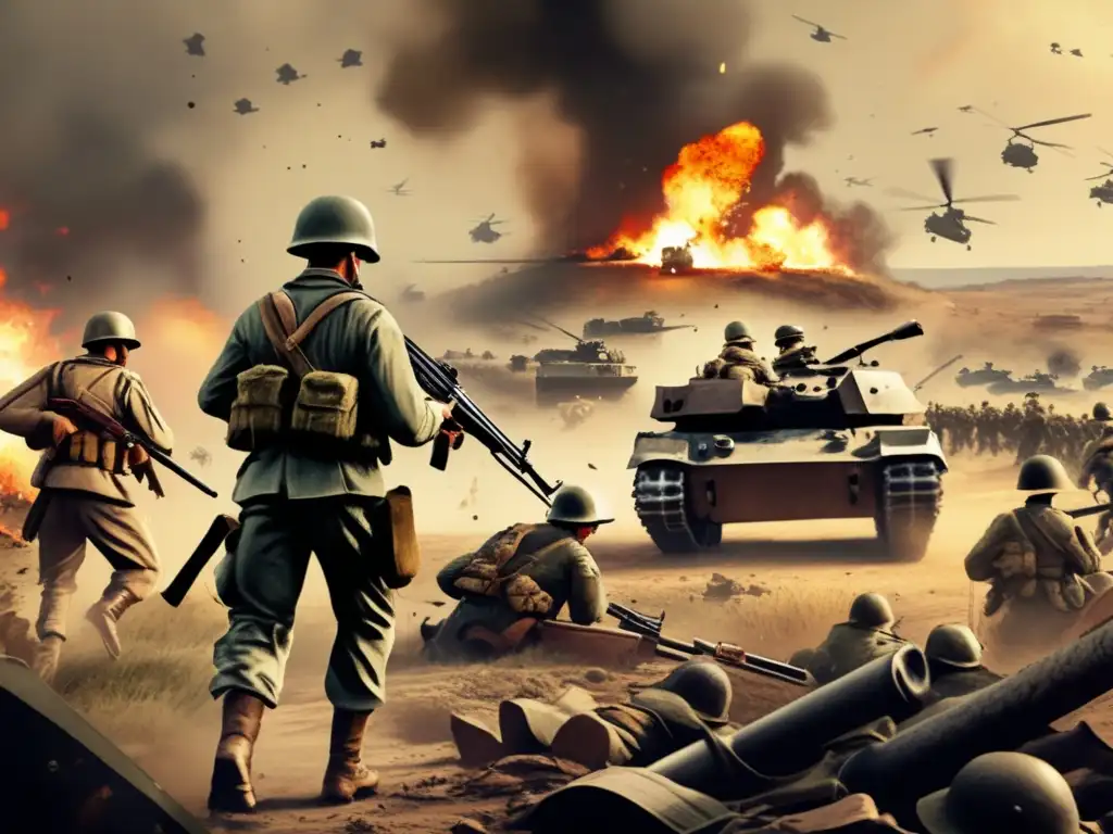 Soldados en uniformes históricos luchan en un paisaje de guerra en una ilustración detallada al estilo vintage de Call of Duty, capturando la esencia de la historia militar contemporánea en el juego.