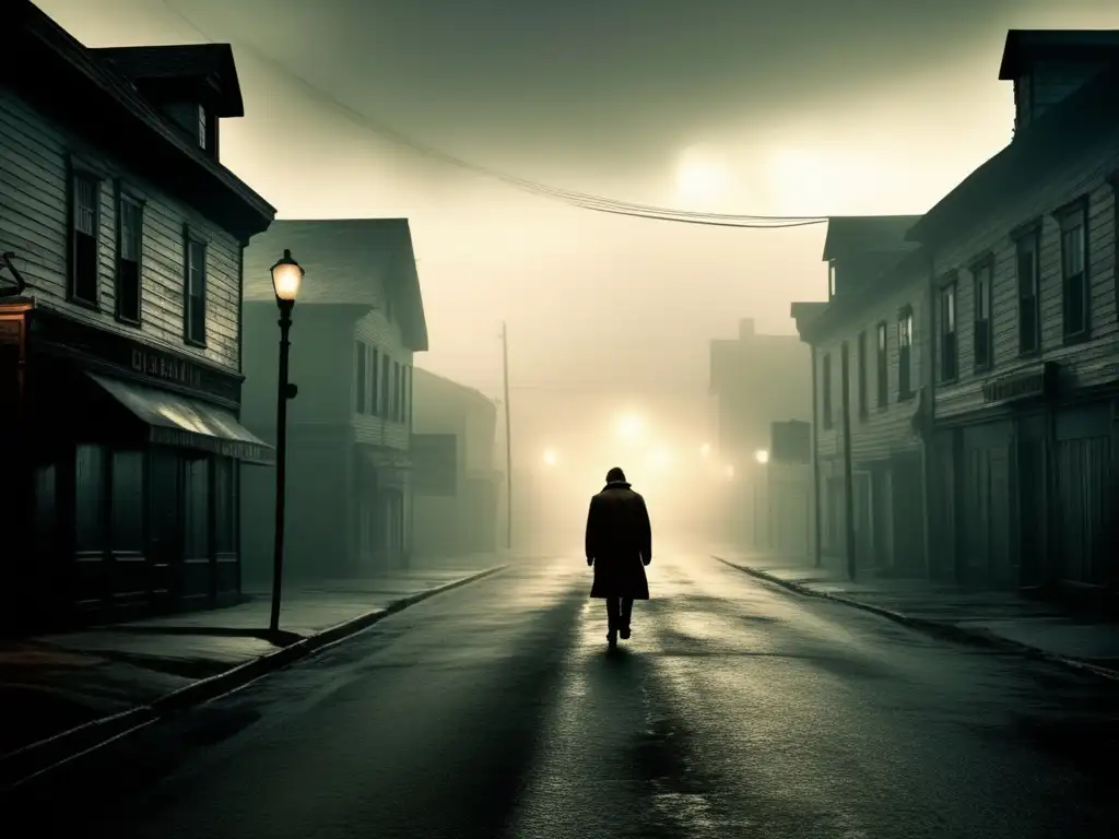 Un solitario individuo se desplaza por una calle envuelta en niebla en el inquietante escenario del legado de Silent Hill en horror psicológico.