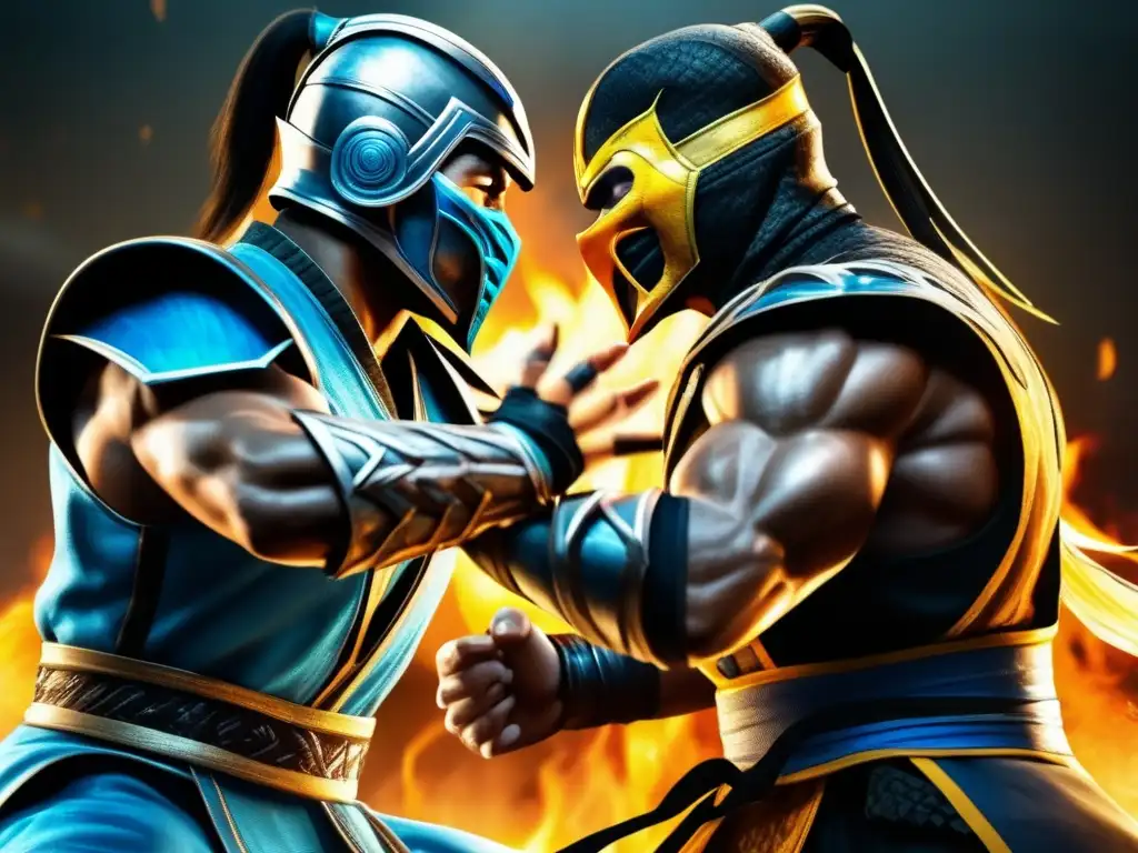 SubZero y Scorpion se enfrentan en una intensa batalla, con un aura azul y energía ardiente. <b>Adaptaciones de videojuegos al cine.