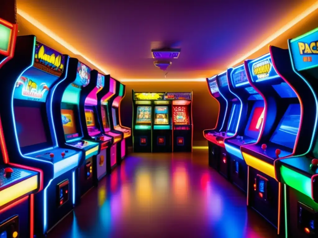 Sumérgete en la atmósfera nostálgica de un salón de arcade vintage con luces de neón parpadeantes y filas de máquinas retro, rodeado de un resplandor que evoca nostalgia. La influencia de la realidad virtual se hace evidente en la escena llena de jugadores inmers