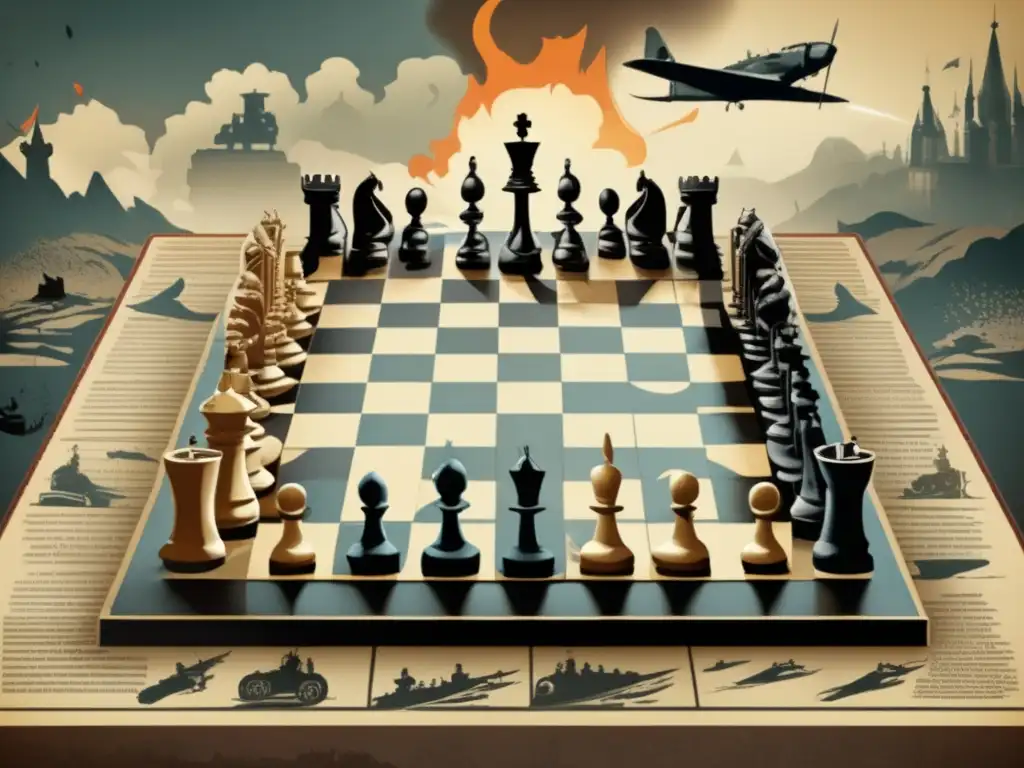 Un tablero de ajedrez con piezas que representan soldados, tanques y aviones, sobre un paisaje de guerra. <b>Simbología juegos guerra novelas actuales.