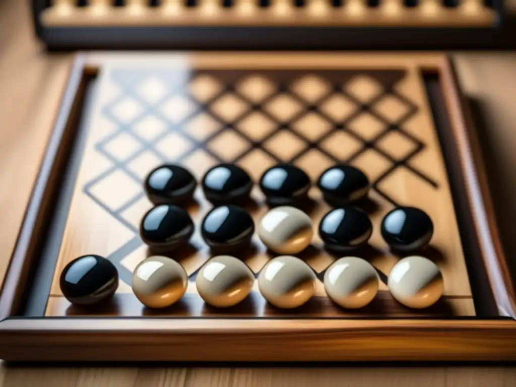Un tablero de Go vintage en madera pulida, con piedras blancas y negras. Iluminado por luz natural, evoca la historia del juego de Go en Asia.