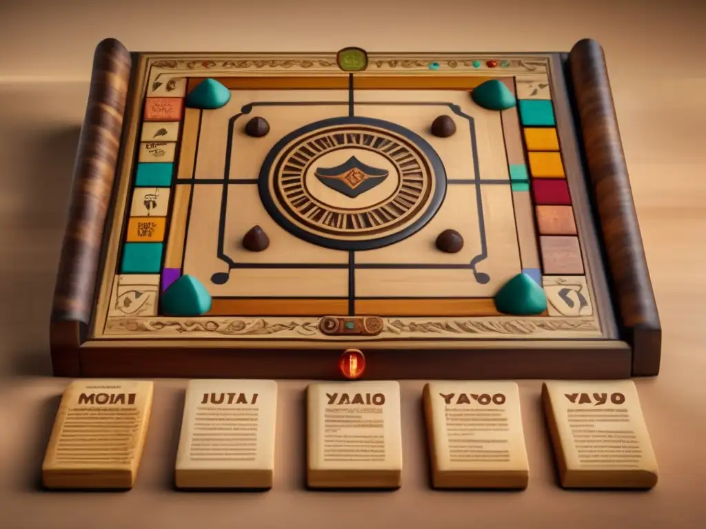 Un tablero de juego milenario de Ayoayo, con piedras coloridas sobre madera tallada. <b>Notas estratégicas en pergamino envejecido.</b> <b>Aesthetic vintage.
