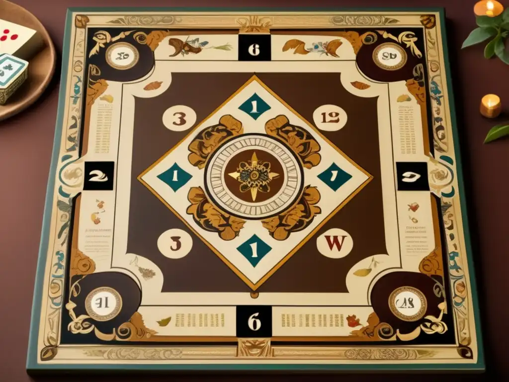 Un tablero de juego vintage con detallados diseños pintados a mano y ornamentos, evocando influencias artísticas en el diseño de juegos de mesa.