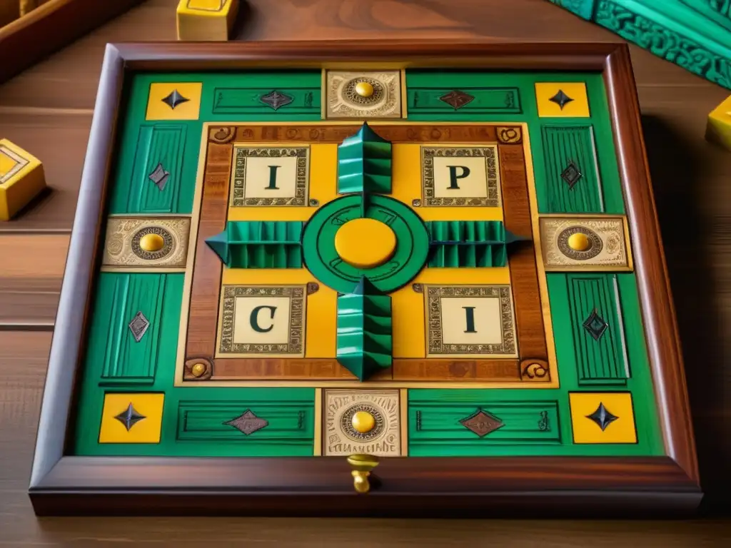 Un tablero vintage de Parchís con detalles ornamentados y ricos tonos terrosos, resaltando el impacto cultural del juego Parchís.