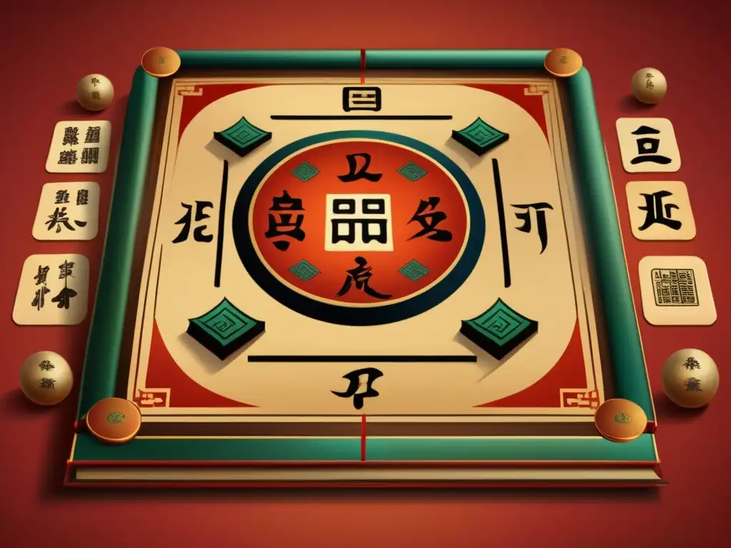 Tablero de Xiangqi vintage con símbolos chinos antiguos y vibrante seda de fondo, evocando la historia y estrategia del xiangqi chino.